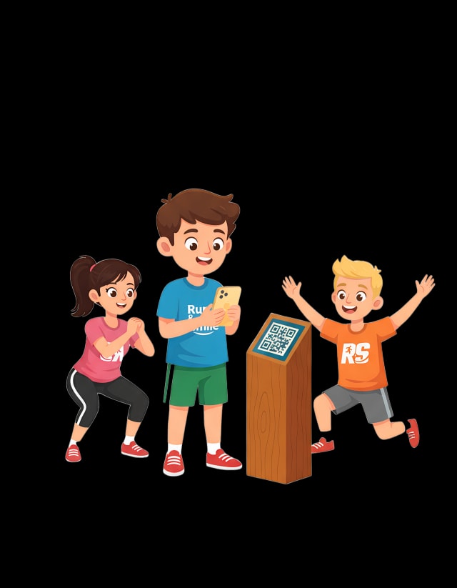 Groupe de personnes sur un parcours santé, première section du parcours.